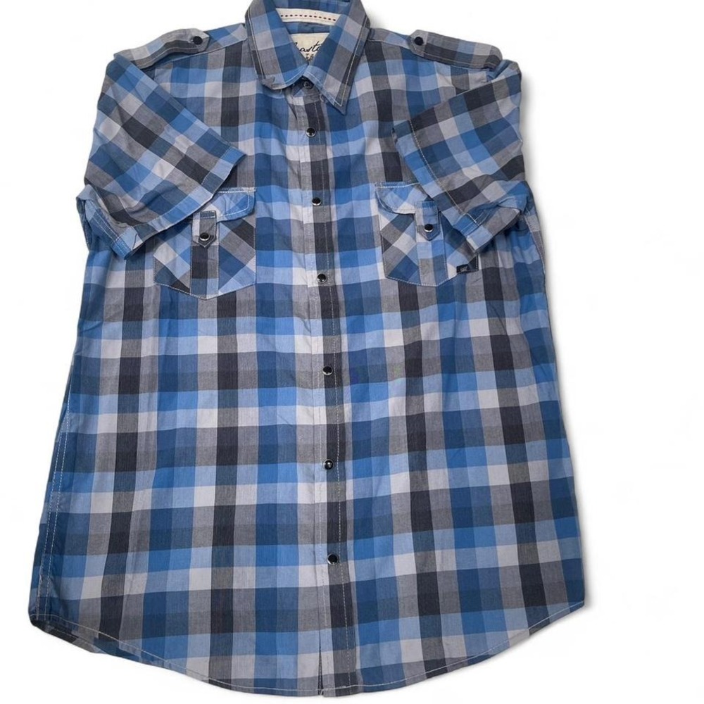 Blue and‎ grey button up plaid top
